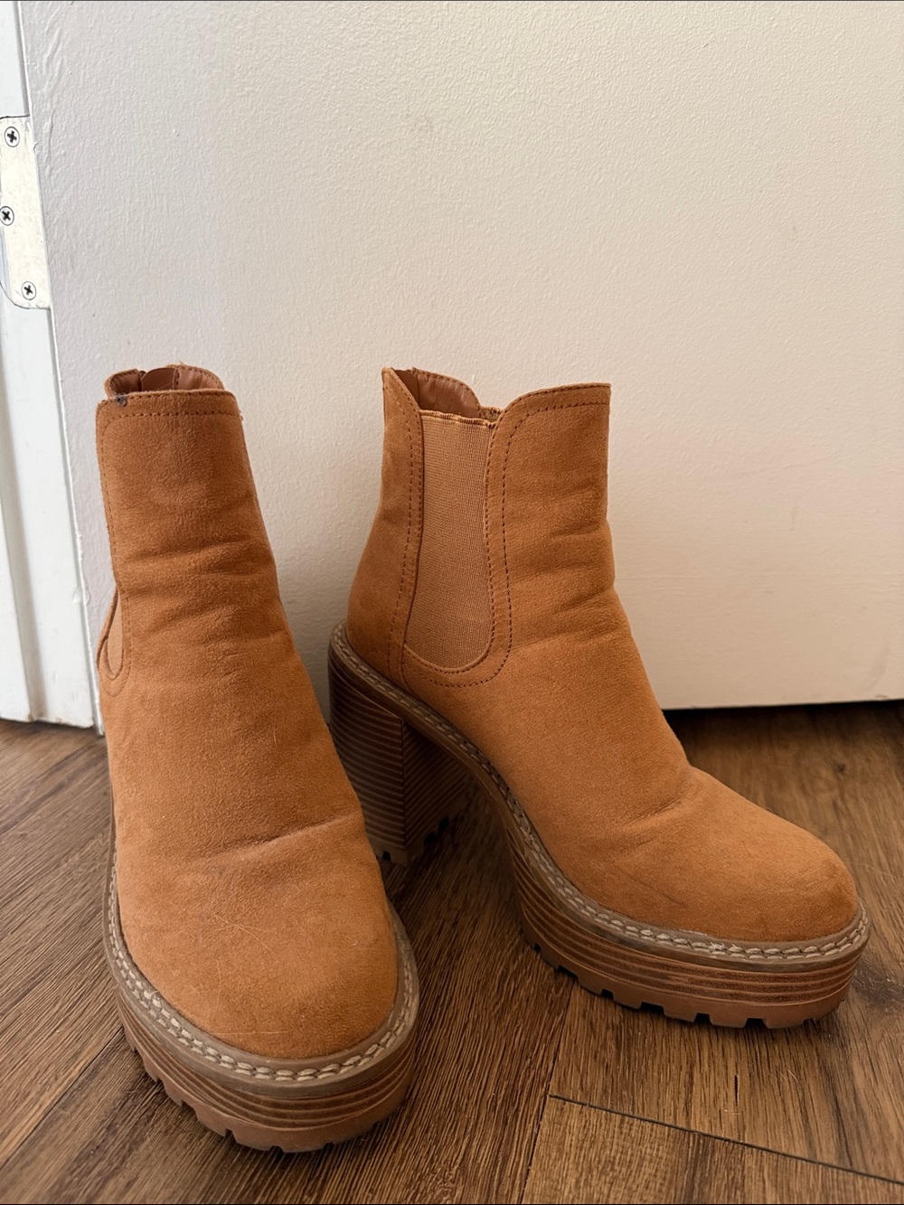 Madden Girl Cognac Suede Platform Chelsea Booties
